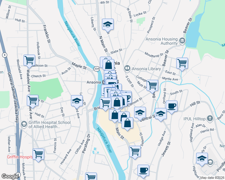 map of restaurants, bars, coffee shops, grocery stores, and more near 206 Main Street in Ansonia