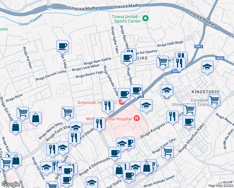 map of restaurants, bars, coffee shops, grocery stores, and more near Rruga Selaudin Zorba in Tirana