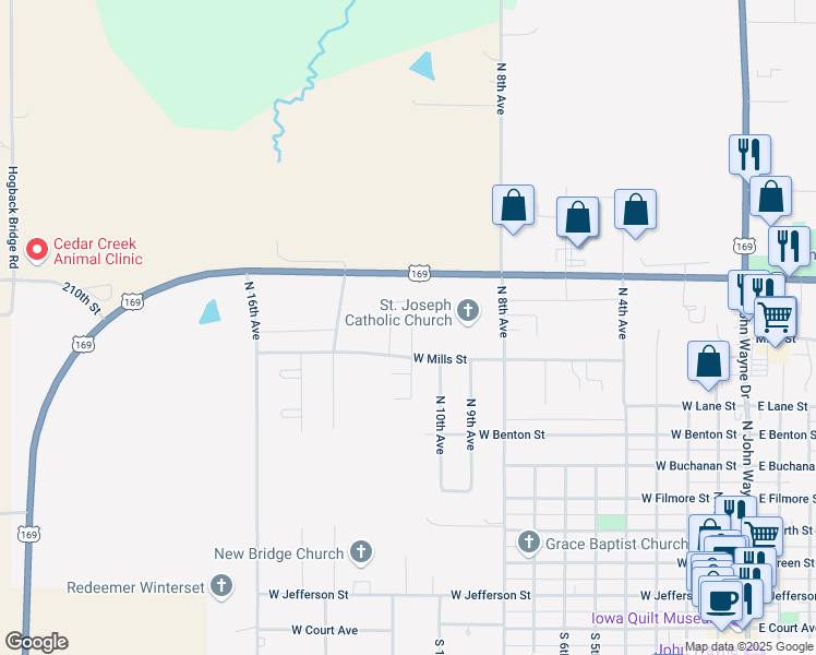 map of restaurants, bars, coffee shops, grocery stores, and more near 1024 Annie Drive in Winterset