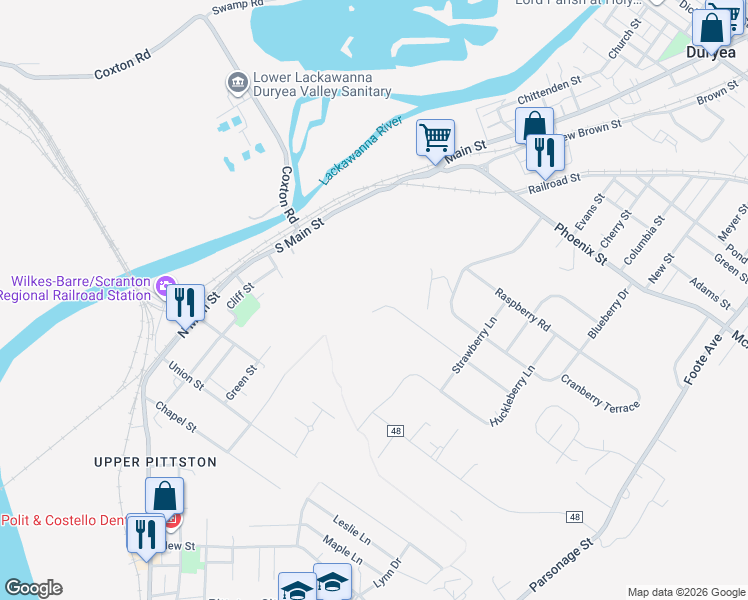 map of restaurants, bars, coffee shops, grocery stores, and more near 201 Kimberly Dr in Pittston
