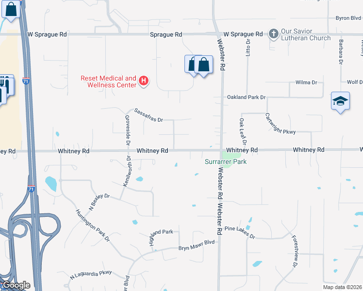 map of restaurants, bars, coffee shops, grocery stores, and more near 15189 Whitney Road in Strongsville