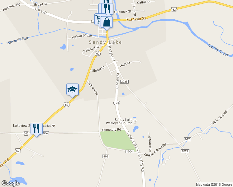 map of restaurants, bars, coffee shops, grocery stores, and more near Grove City Road in Sandy Lake