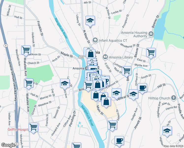 map of restaurants, bars, coffee shops, grocery stores, and more near 202 Main Street in Ansonia