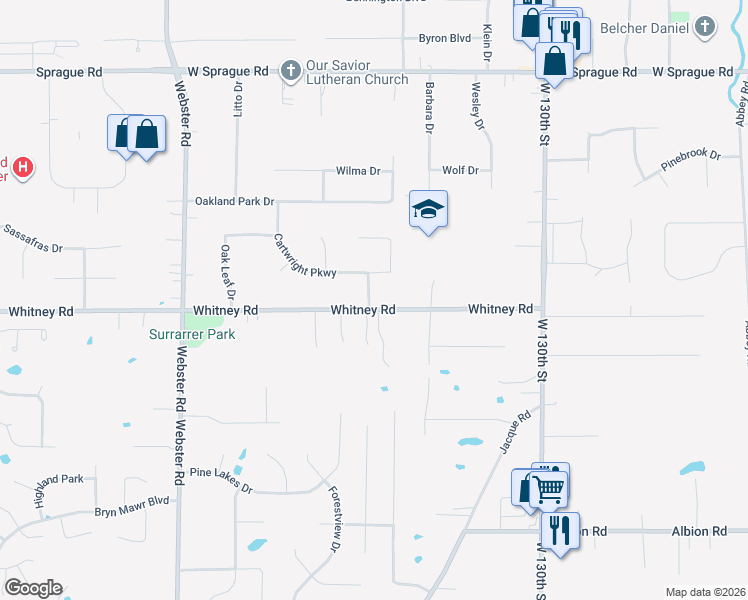 map of restaurants, bars, coffee shops, grocery stores, and more near 13717 Whitney Road in Strongsville