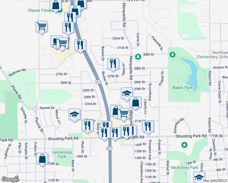 map of restaurants, bars, coffee shops, grocery stores, and more near 1010 25th Street in Peru