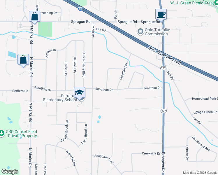 map of restaurants, bars, coffee shops, grocery stores, and more near 22001 Jonathan Drive in Strongsville