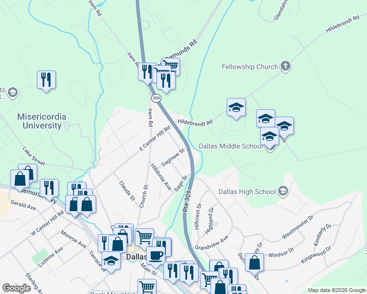 map of restaurants, bars, coffee shops, grocery stores, and more near 400 Tunkhannock Highway in Dallas