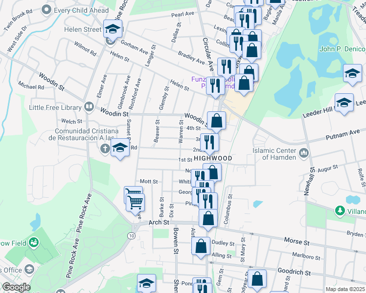 map of restaurants, bars, coffee shops, grocery stores, and more near 76 2nd Street in Hamden