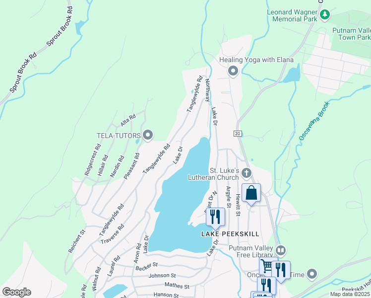 map of restaurants, bars, coffee shops, grocery stores, and more near 327 Lake Drive in Putnam Valley