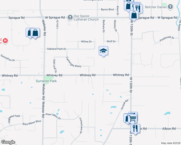 map of restaurants, bars, coffee shops, grocery stores, and more near 13717 Whitney Road in Strongsville