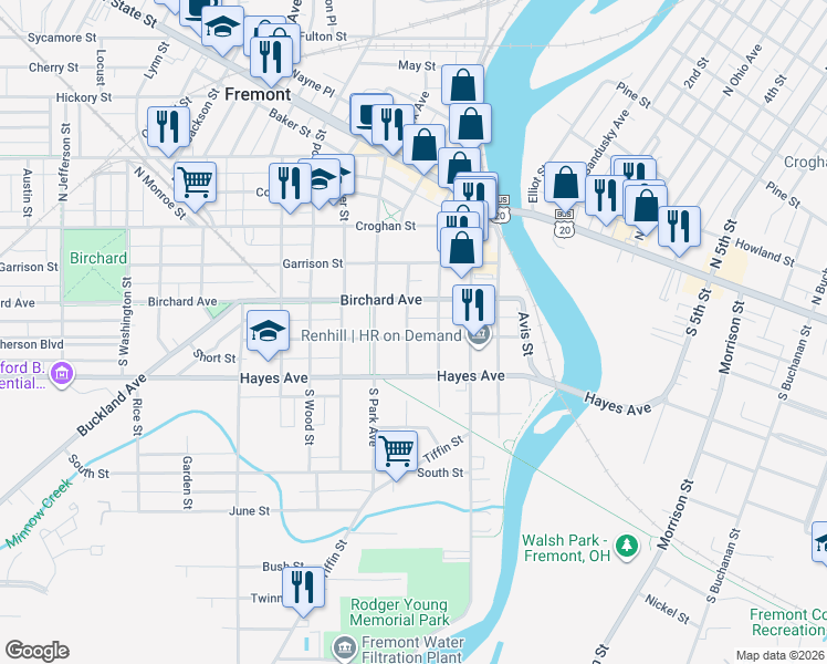 map of restaurants, bars, coffee shops, grocery stores, and more near 505 Ewing Street in Fremont
