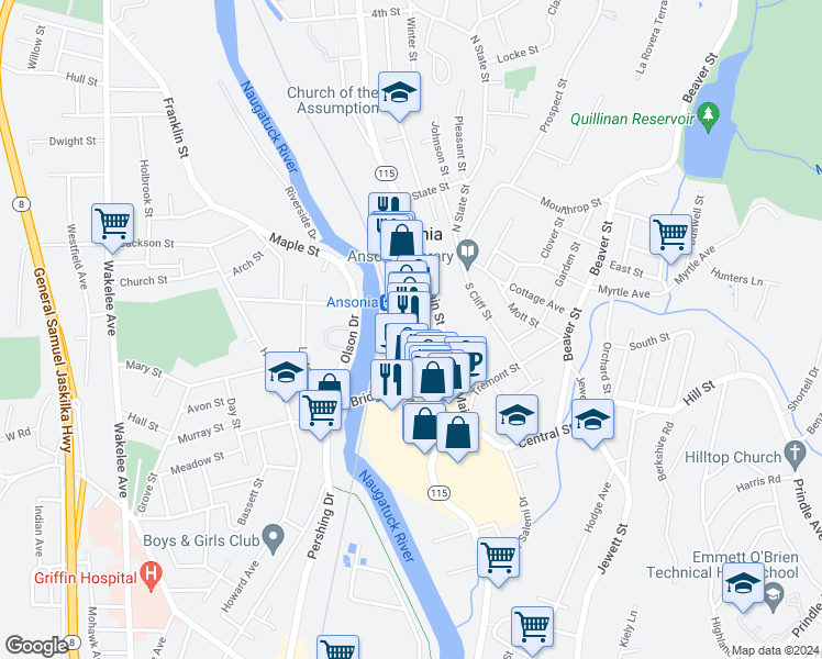 map of restaurants, bars, coffee shops, grocery stores, and more near 206 Main Street in Ansonia