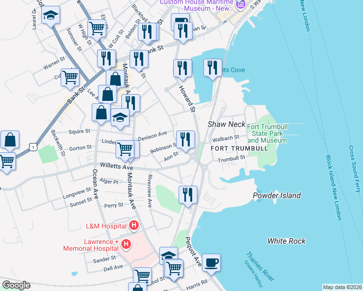 map of restaurants, bars, coffee shops, grocery stores, and more near 202 Shaw Street in New London