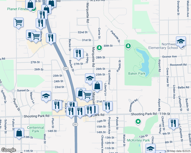 map of restaurants, bars, coffee shops, grocery stores, and more near 2411 Marquette Road in Peru