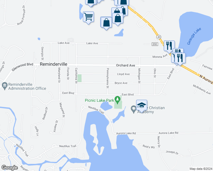 map of restaurants, bars, coffee shops, grocery stores, and more near 1141 Bryce Avenue in Aurora