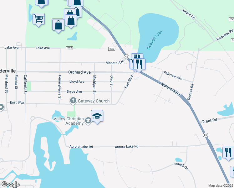 map of restaurants, bars, coffee shops, grocery stores, and more near 921 Bryce Avenue in Aurora