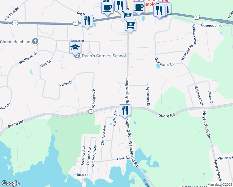 map of restaurants, bars, coffee shops, grocery stores, and more near 302 Shore Road in Westerly