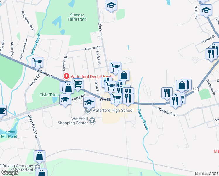 map of restaurants, bars, coffee shops, grocery stores, and more near in Waterford
