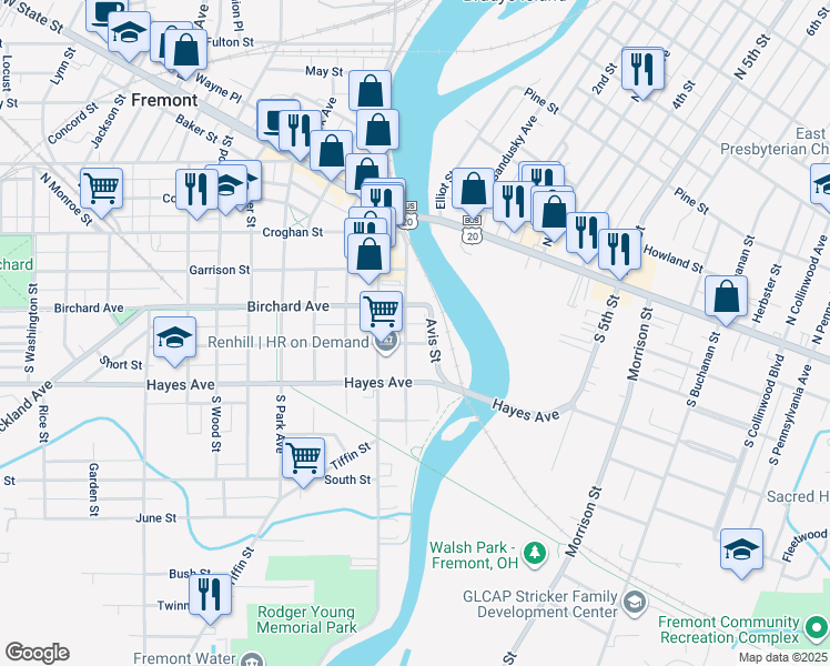 map of restaurants, bars, coffee shops, grocery stores, and more near 315 Bidwell Avenue in Fremont