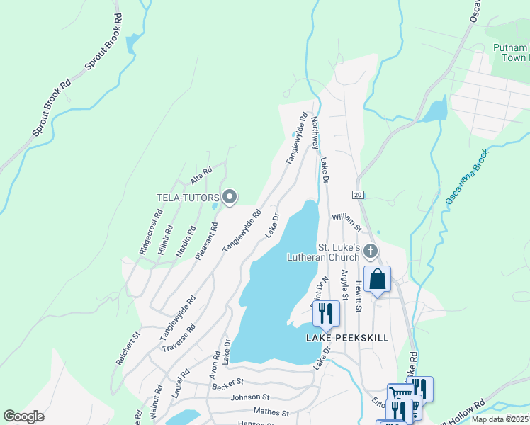 map of restaurants, bars, coffee shops, grocery stores, and more near 114 Tanglewylde Road in Putnam Valley