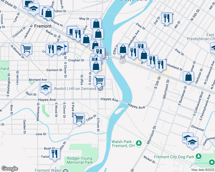 map of restaurants, bars, coffee shops, grocery stores, and more near 104 Ewing Street in Fremont
