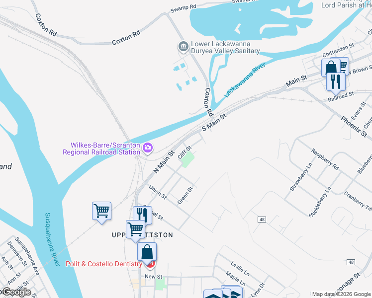 map of restaurants, bars, coffee shops, grocery stores, and more near 7 Curry Street in Pittston