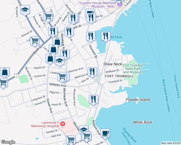 map of restaurants, bars, coffee shops, grocery stores, and more near 214 Shaw Street in New London
