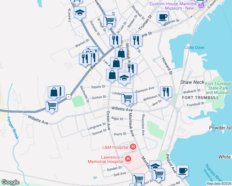 map of restaurants, bars, coffee shops, grocery stores, and more near 162 Ocean Avenue in New London