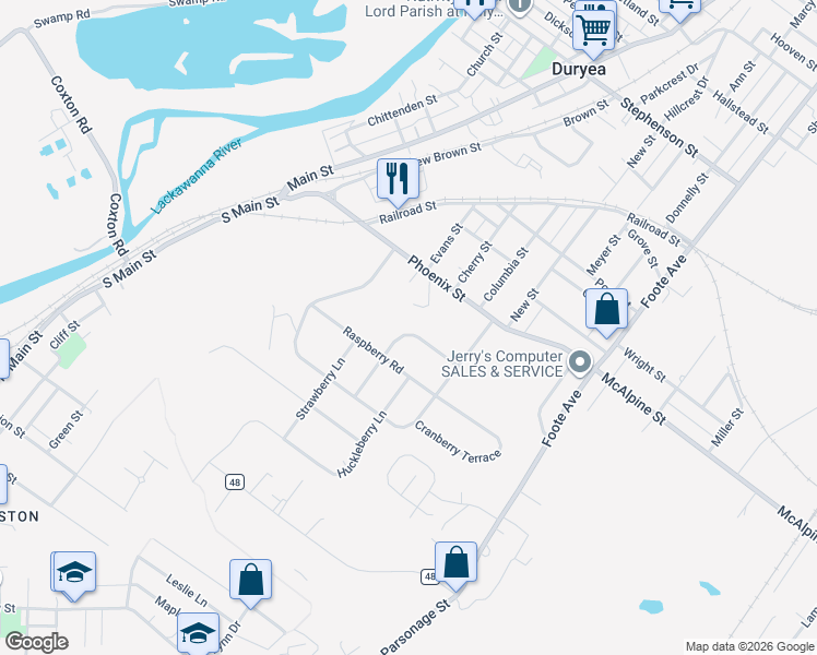 map of restaurants, bars, coffee shops, grocery stores, and more near 133 Blackberry Ln in Duryea
