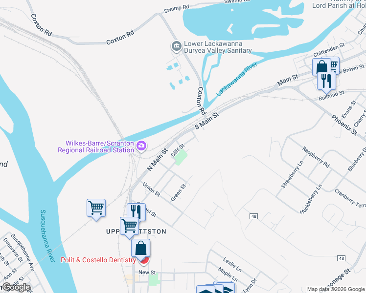 map of restaurants, bars, coffee shops, grocery stores, and more near 7 Curry St in Pittston