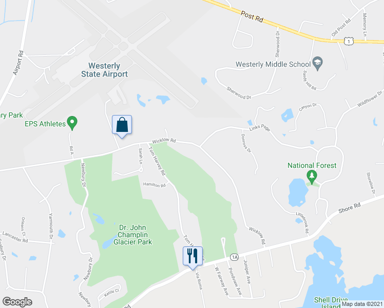 map of restaurants, bars, coffee shops, grocery stores, and more near 11 Wicklow Road in Westerly