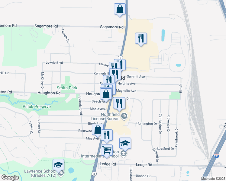 map of restaurants, bars, coffee shops, grocery stores, and more near Northfield Rd & Magnolia Ave in Northfield