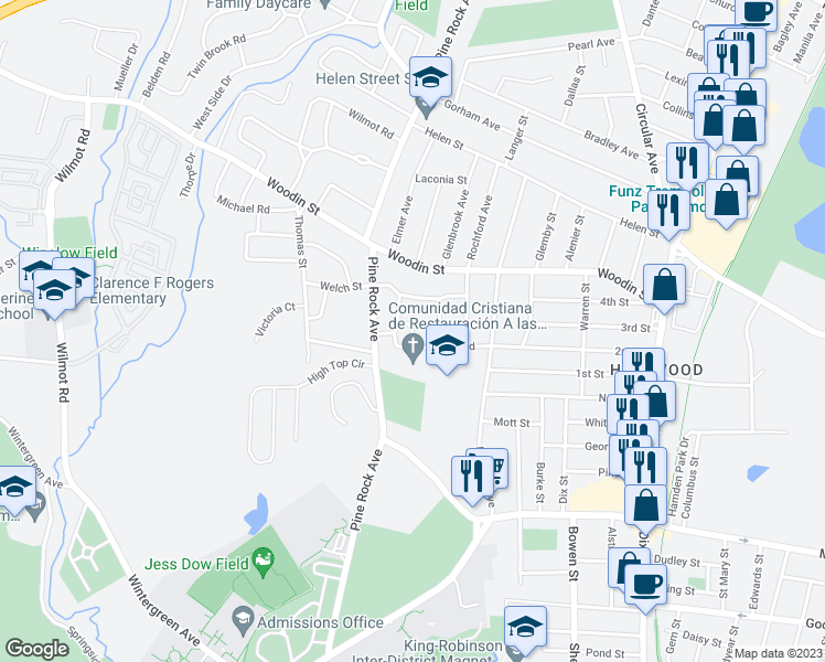 map of restaurants, bars, coffee shops, grocery stores, and more near 29 Thayer Street in Hamden