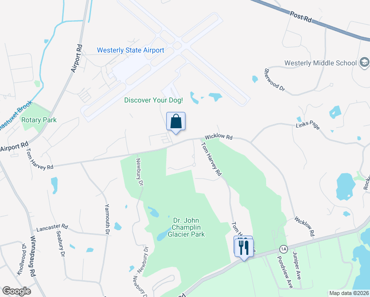 map of restaurants, bars, coffee shops, grocery stores, and more near 59 Tom Harvey Road in Westerly