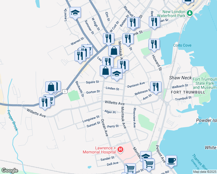 map of restaurants, bars, coffee shops, grocery stores, and more near 118 Ocean Avenue in New London