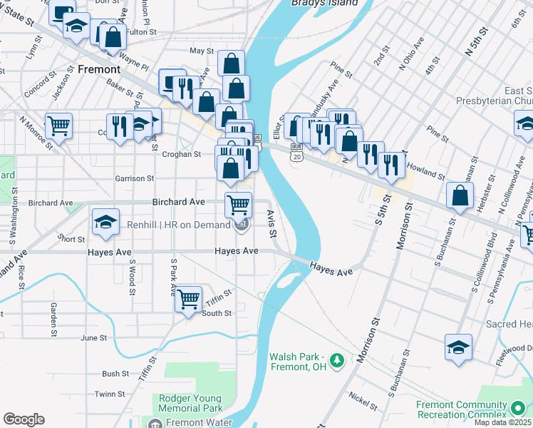 map of restaurants, bars, coffee shops, grocery stores, and more near 118 Birchard Avenue in Fremont