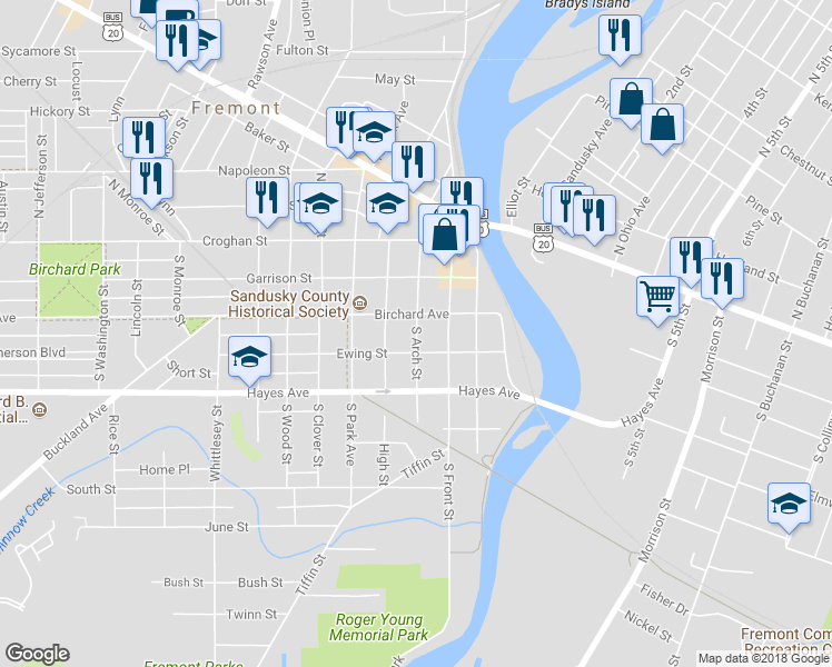 map of restaurants, bars, coffee shops, grocery stores, and more near South Arch Street in Fremont