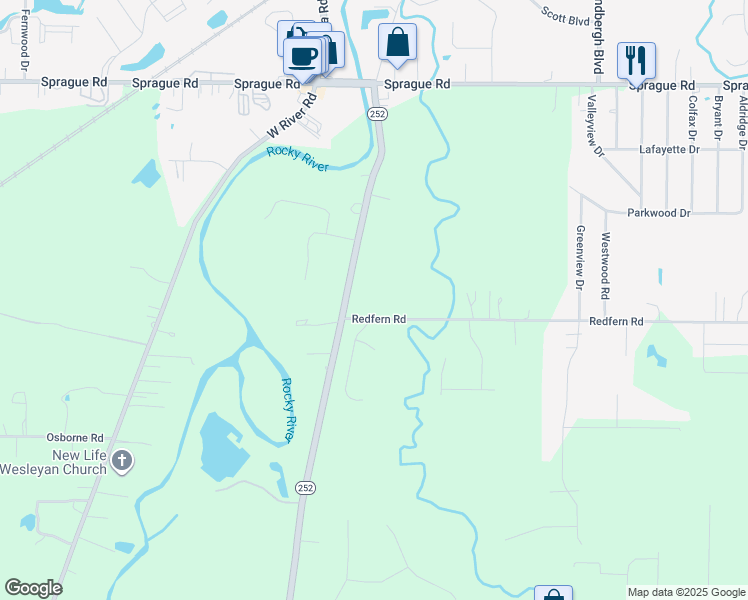 map of restaurants, bars, coffee shops, grocery stores, and more near 10515 East River Road in Columbia Station