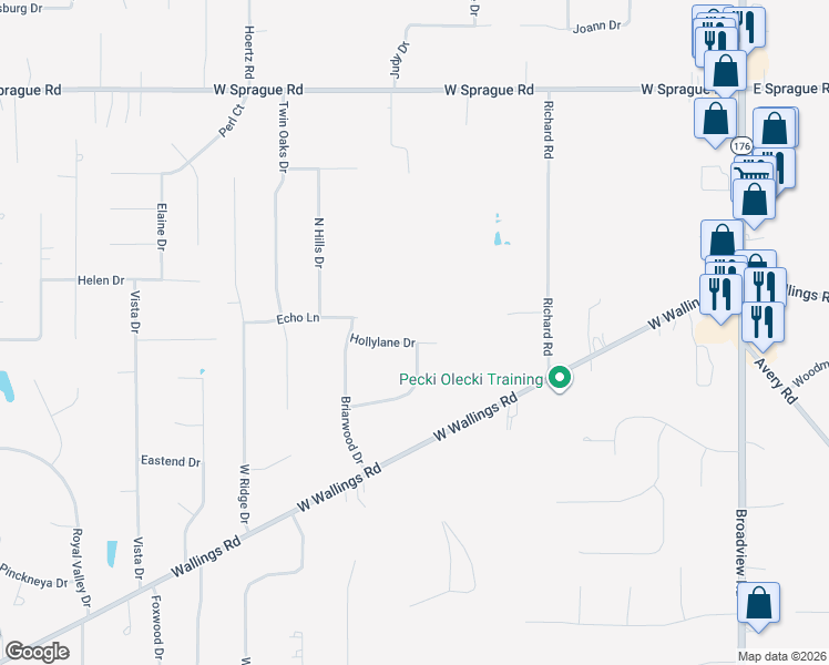 map of restaurants, bars, coffee shops, grocery stores, and more near 2196 Hollylane Drive in Broadview Heights