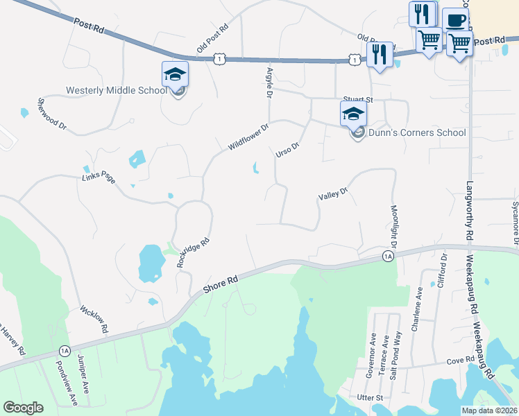 map of restaurants, bars, coffee shops, grocery stores, and more near 2 Sail View Court in Westerly