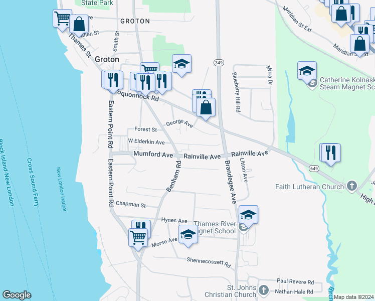 map of restaurants, bars, coffee shops, grocery stores, and more near 42 Elderkin Avenue in Groton