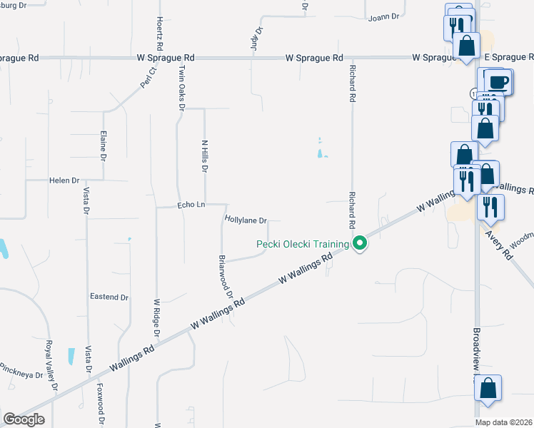 map of restaurants, bars, coffee shops, grocery stores, and more near 2196 Hollylane Drive in Broadview Heights