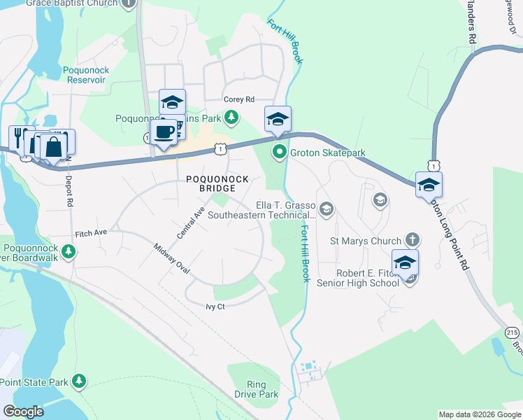 map of restaurants, bars, coffee shops, grocery stores, and more near 15 Atlanta Court in Groton