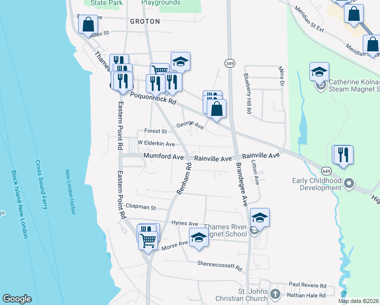 map of restaurants, bars, coffee shops, grocery stores, and more near 4 Elderkin Avenue in Groton
