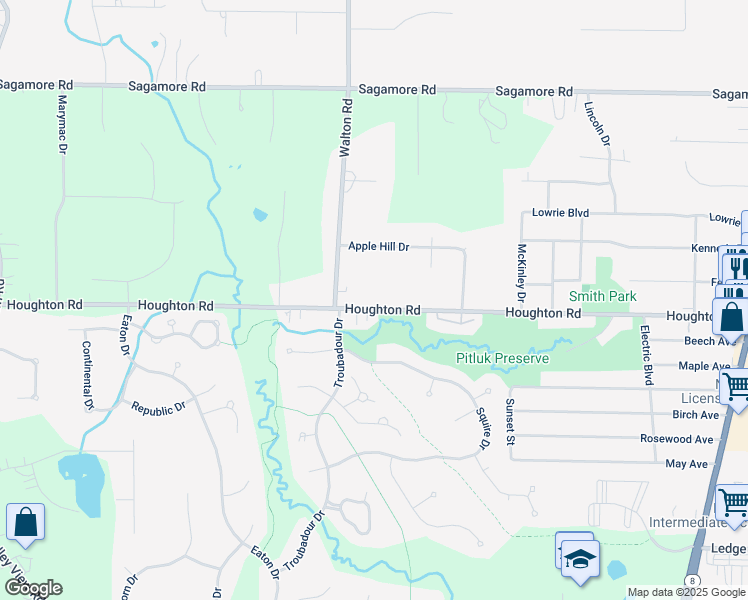 map of restaurants, bars, coffee shops, grocery stores, and more near 445 Houghton Road in Northfield