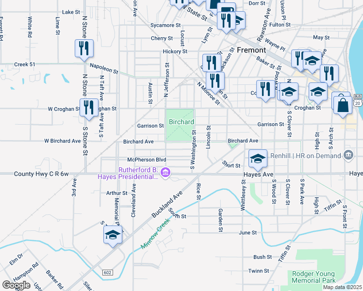 map of restaurants, bars, coffee shops, grocery stores, and more near 1319 Birchard Avenue in Fremont