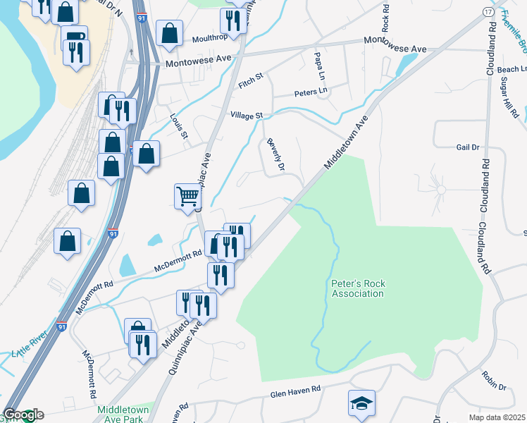 map of restaurants, bars, coffee shops, grocery stores, and more near 18 Palmer Road in North Haven