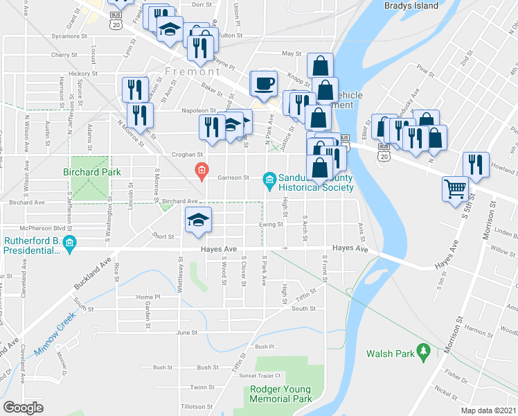 map of restaurants, bars, coffee shops, grocery stores, and more near 300 South Park Avenue in Fremont