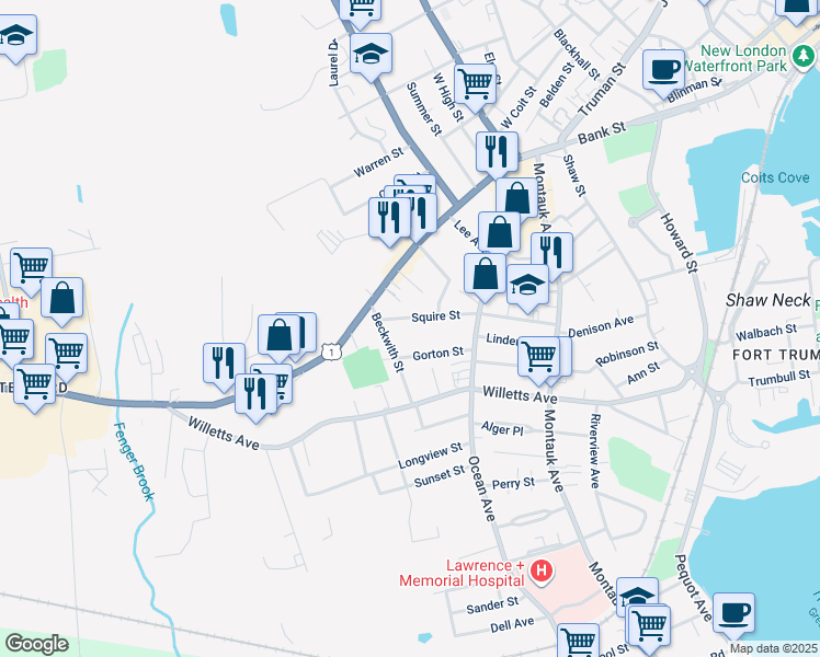 map of restaurants, bars, coffee shops, grocery stores, and more near 129 Squire Street in New London