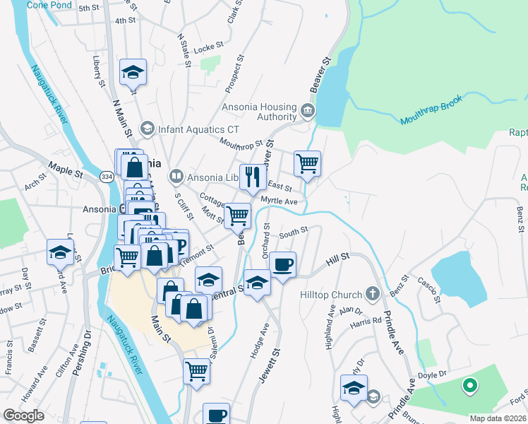 map of restaurants, bars, coffee shops, grocery stores, and more near 50 Orchard Street in Ansonia